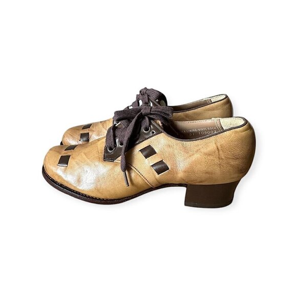 Vintage 1960s Miller Foot Defender Geometric Inlay Lace-Up Shoes – Tan, size 5 - Picture 3 of 10
